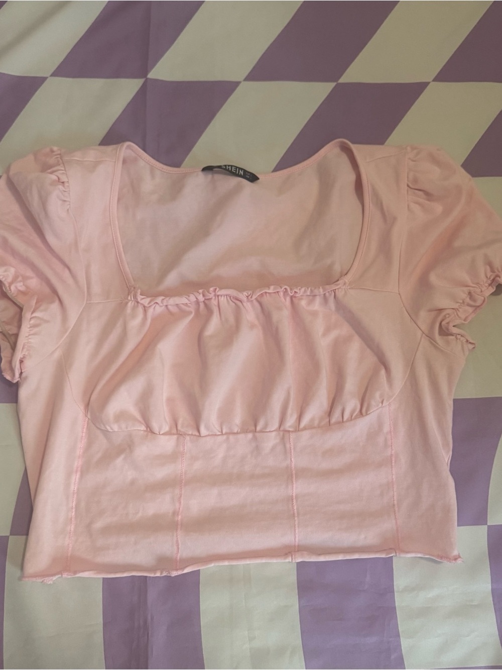 Pink Puff Sleeve Corset Shape Lettuce Trim Top